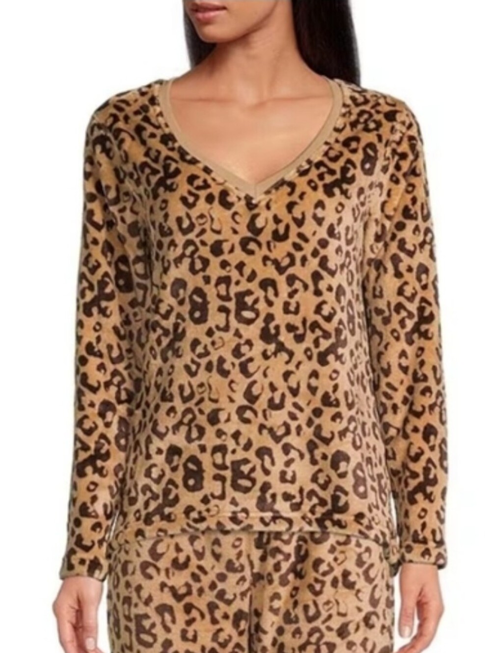UGG Super Soft Daisy Leopard Print V-Neck Top in Tan and Brown Fleece Sweatshirt